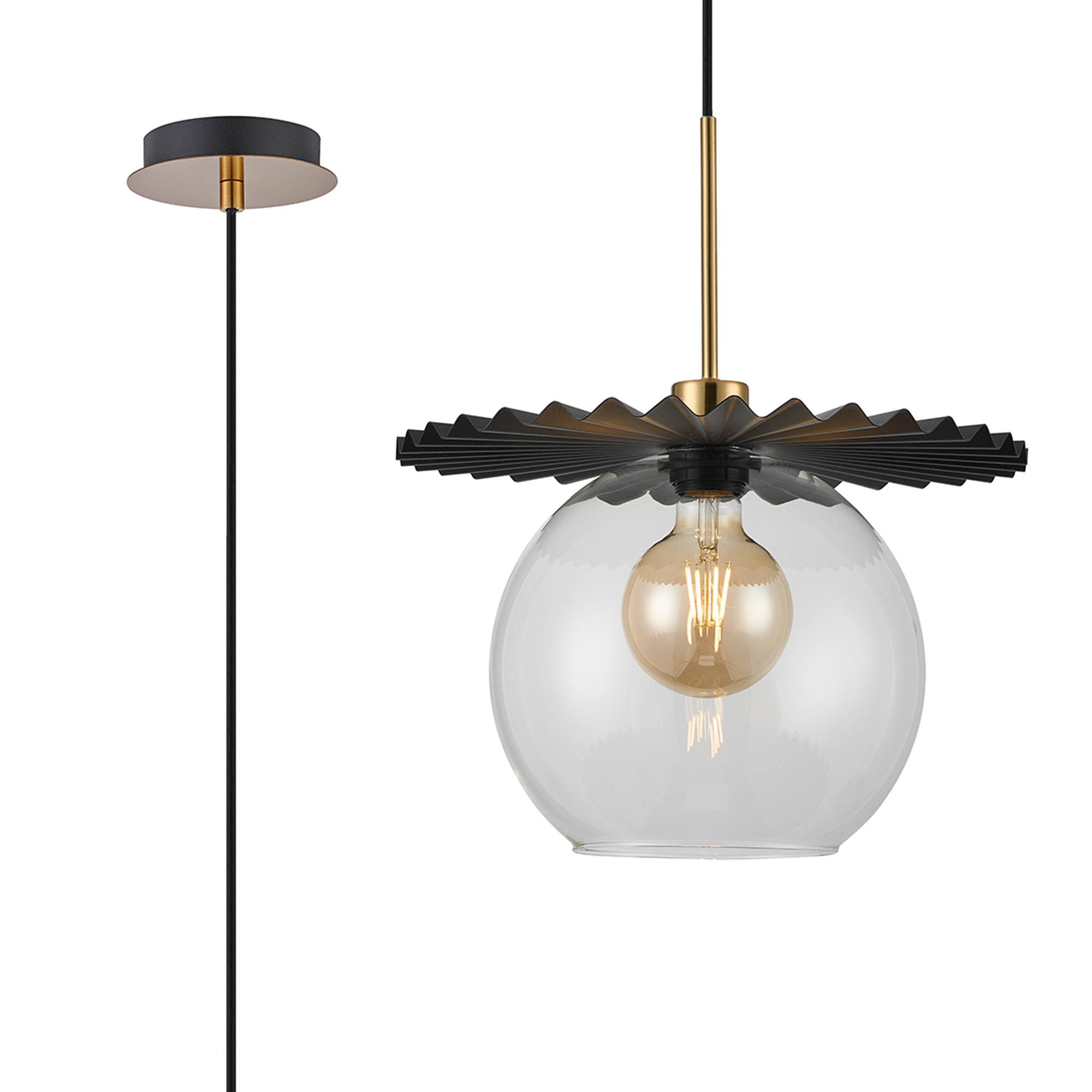 DK1172  Lori 1.7m Single Pendant, 1 Light Adjustable E27, Antique Gold/Black/Clear Pleated Disc With Open Mouth Round Globe Shades